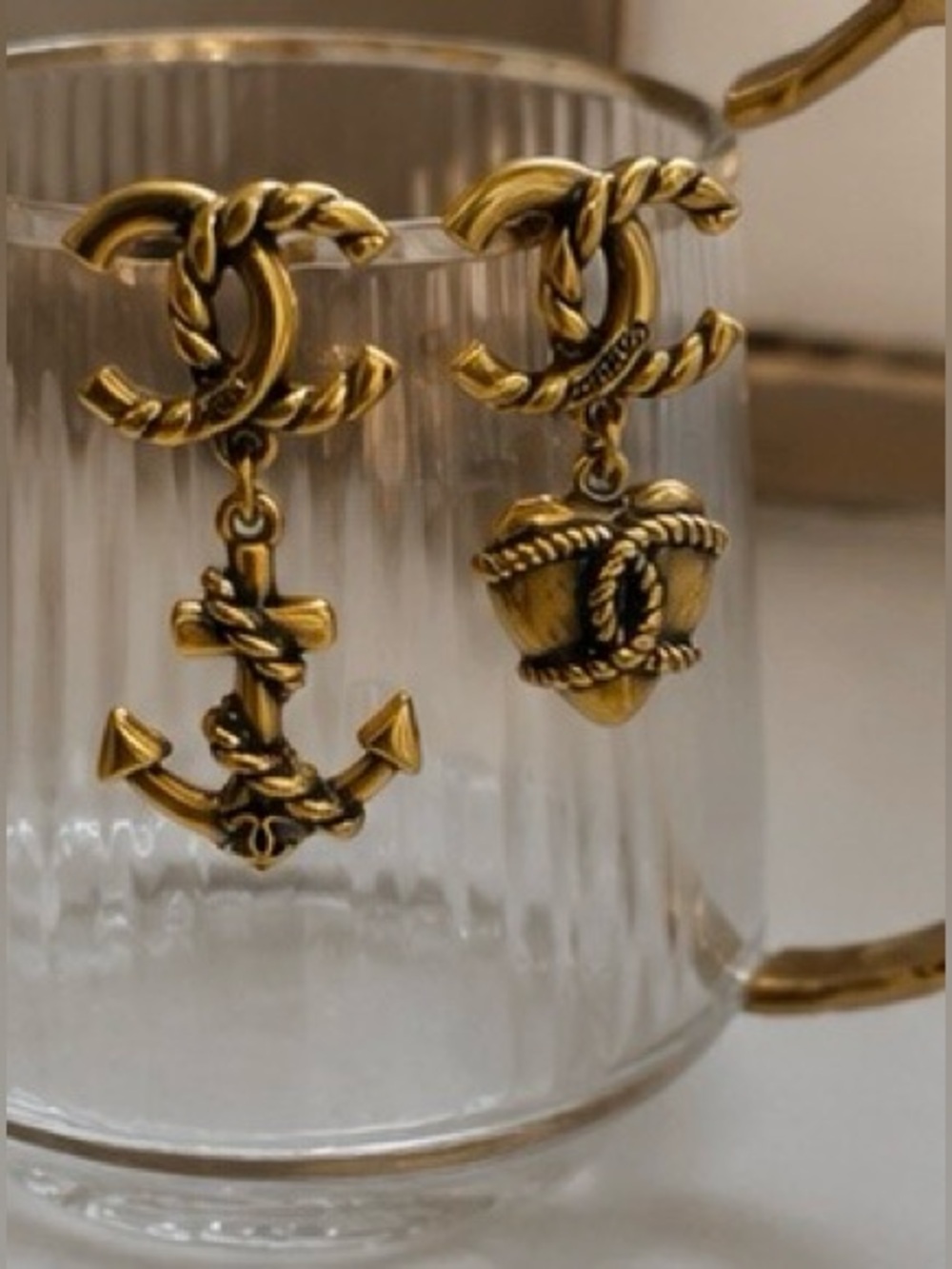 Vintage Inspired Gold Tone Nautical Mismatched Anchor & Heart Drop Earrings - Picture 7 of 10